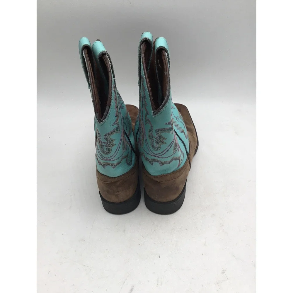 Justin Kids Brown Leather Turquoise Shaft Western Cowboy Boots 4853Y Size 3D